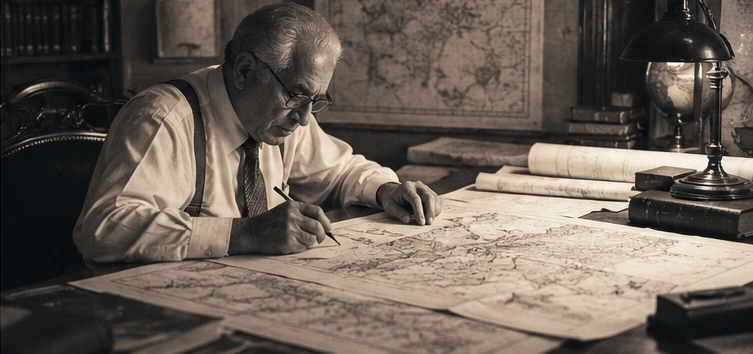 Illustrative older engineering professional reviewing technical plans at a desk