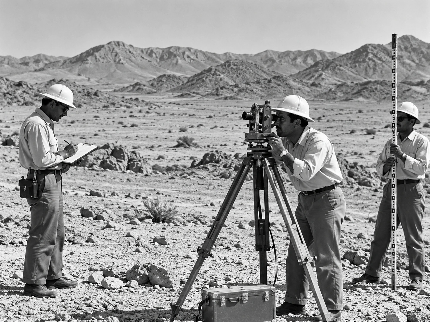 Black-and-white illustration of surveyors using a traditional surveying instrument in a rocky field