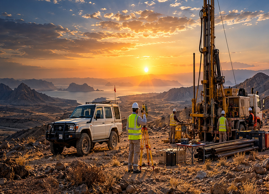 Concept illustration of a drilling rig, site vehicle and surveying work at a rugged onshore exploration location