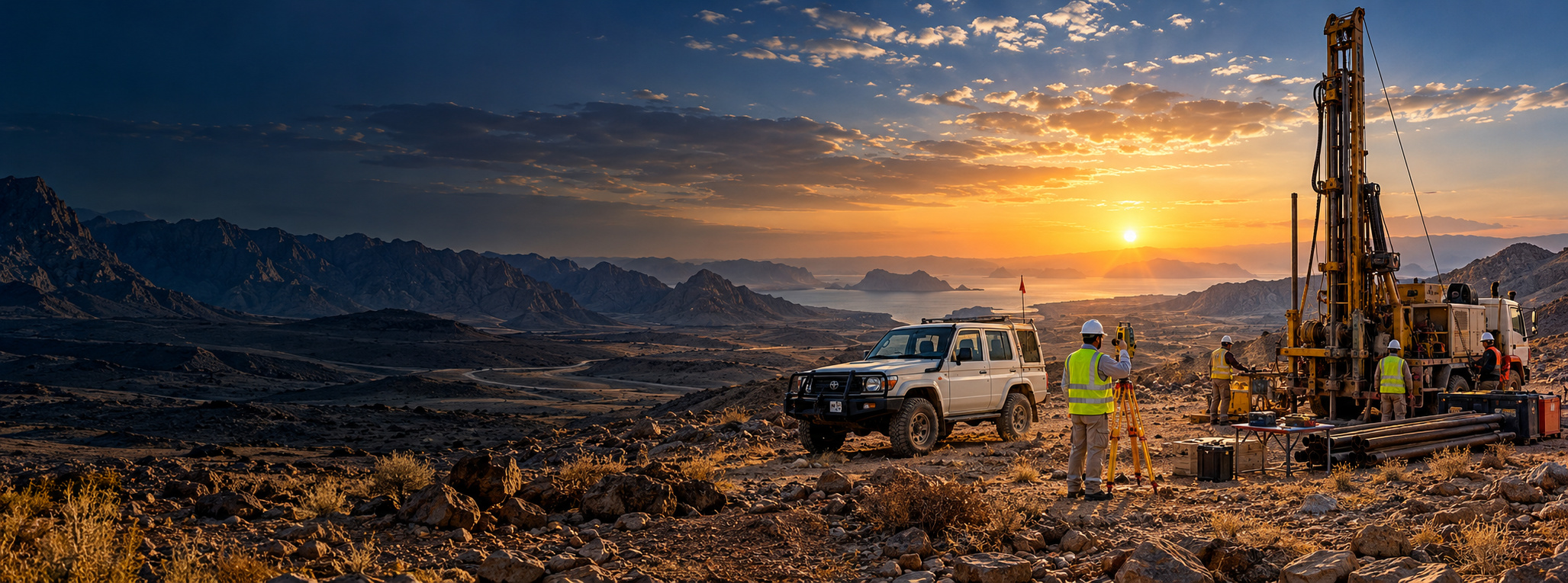 Illustrative onshore investigation showing a field vehicle, survey crew and drilling equipment in rugged terrain
