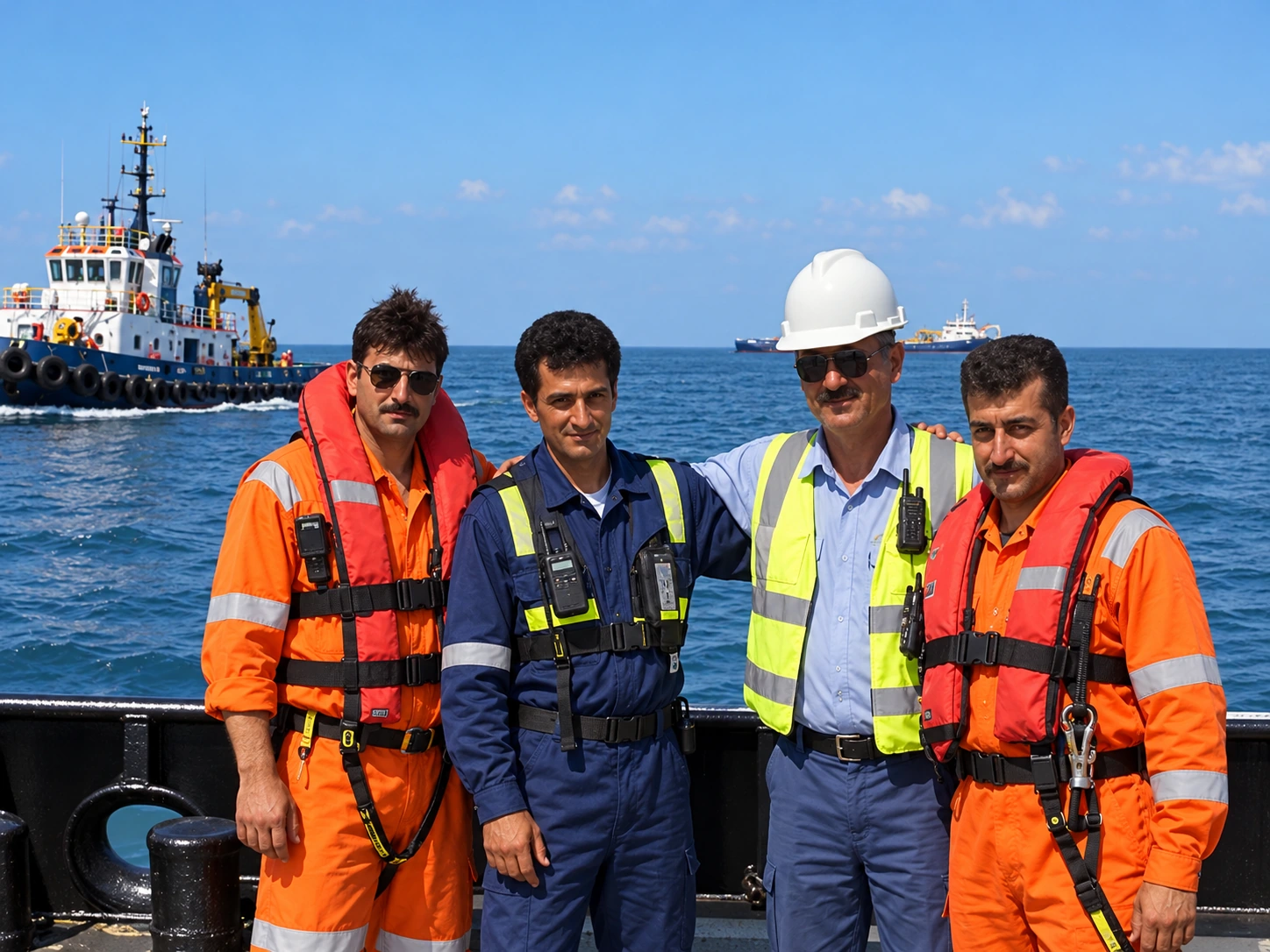 Edited maritime crew group illustration on the deck of a civilian working vessel