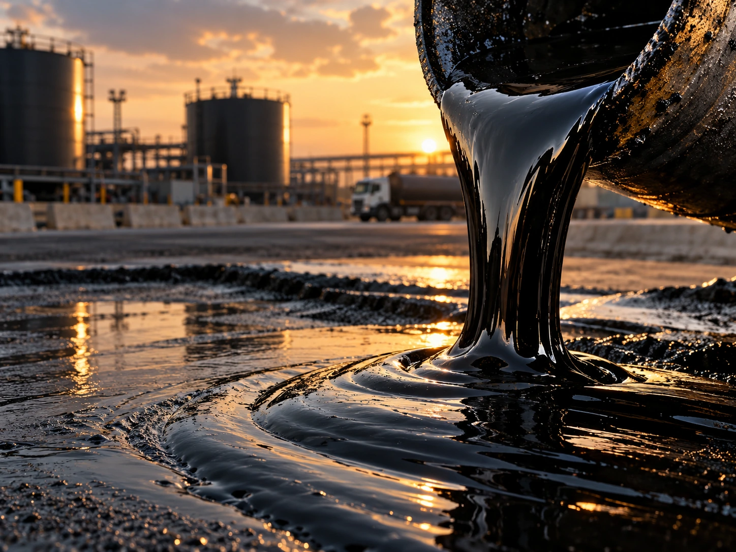 Conceptual image of viscous black bitumen pouring beside a storage terminal