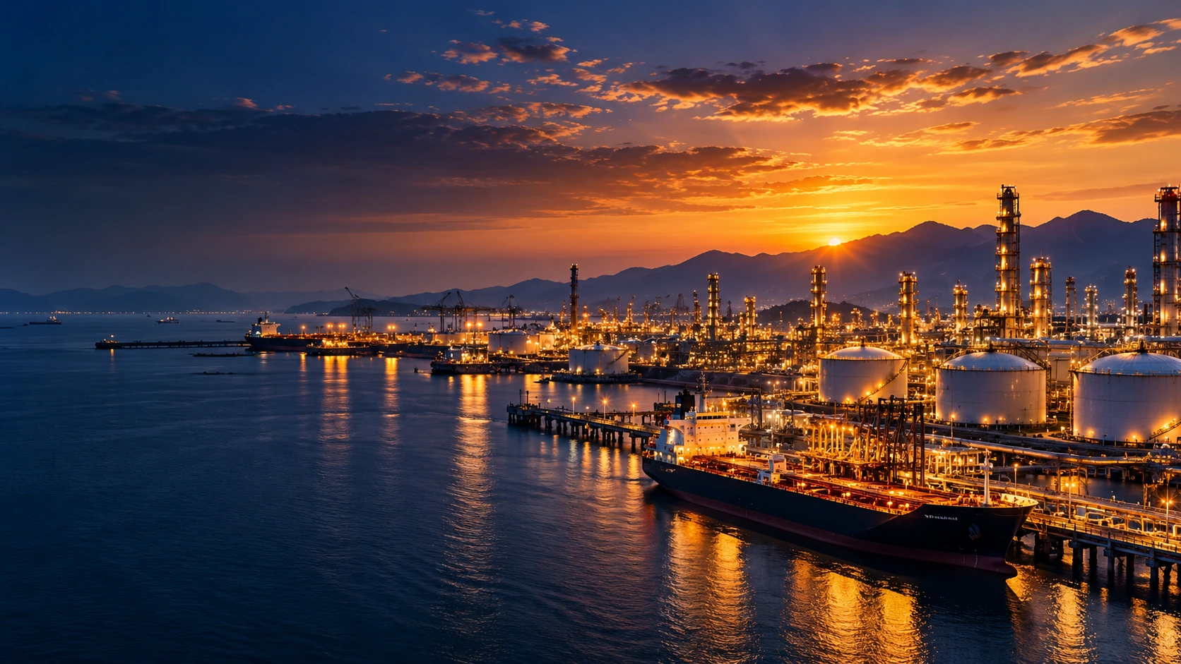 Sunset over refinery and waterfront industrial installations, illustrative image