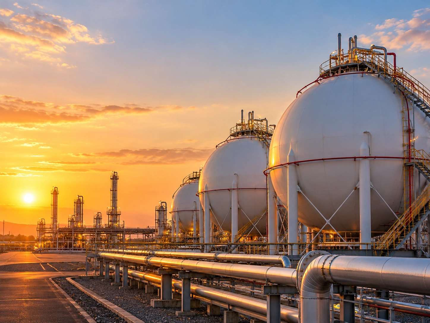 Conceptual liquefied petroleum gas storage spheres and industrial piping