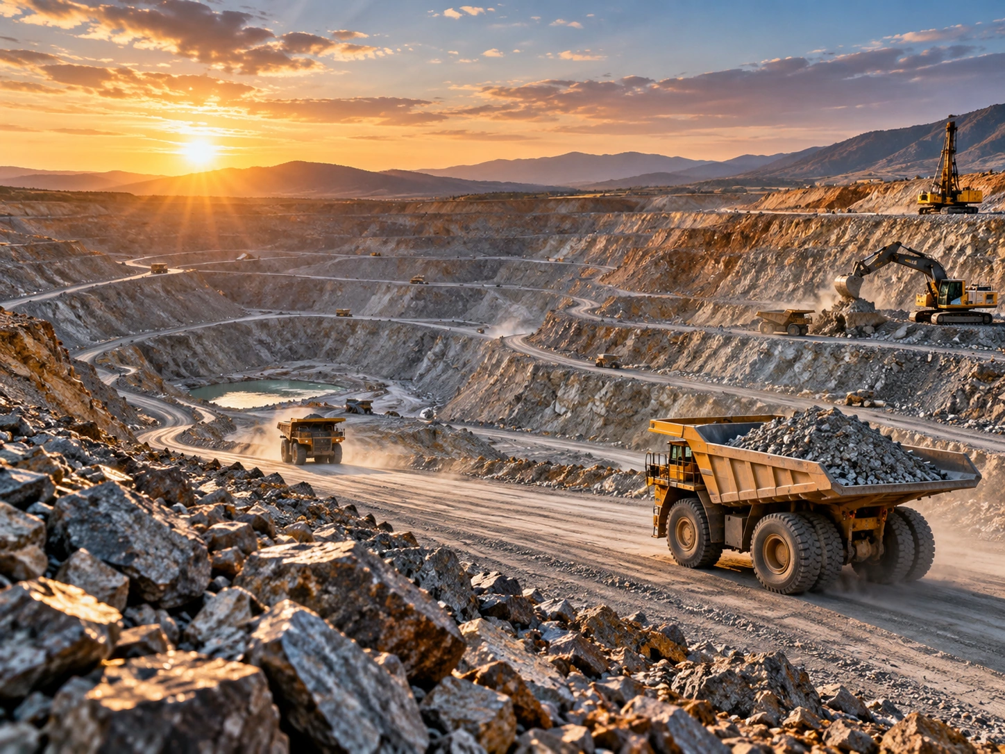 Conceptual open-pit mine with excavators and mining trucks