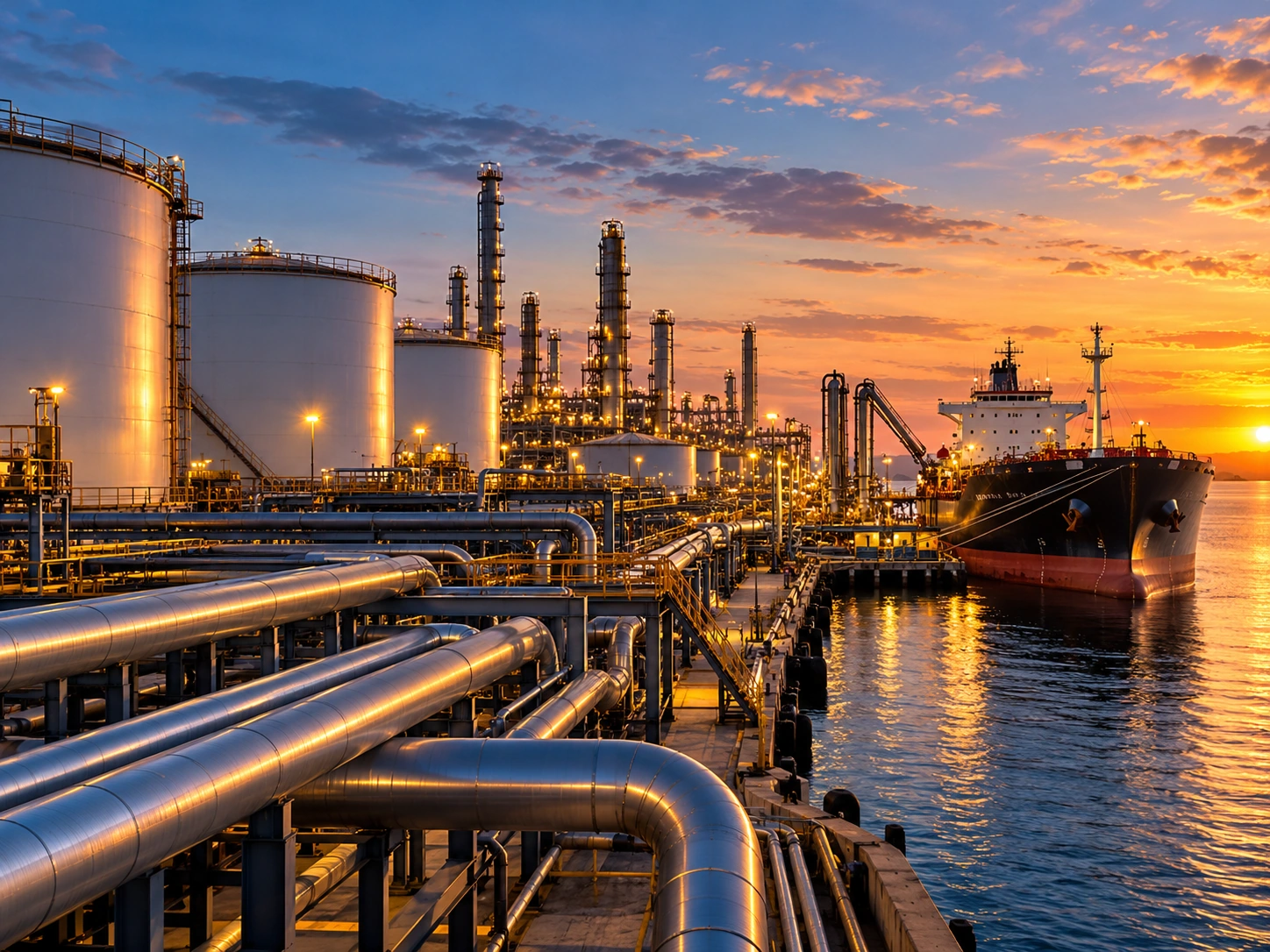 Conceptual coastal oil refinery, pipelines and tanker berth