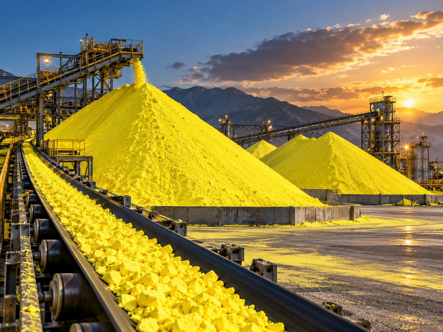High-resolution conceptual image of bulk yellow sulphur at a handling facility