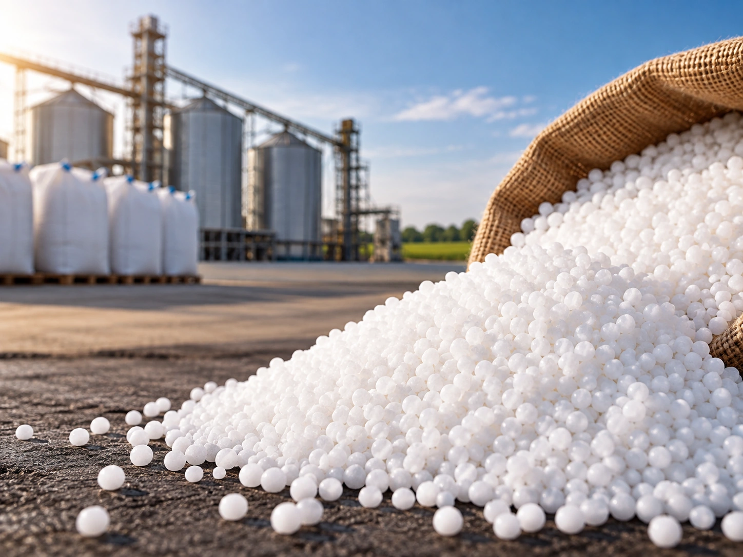 Conceptual image of white granular urea fertilizer with storage silos